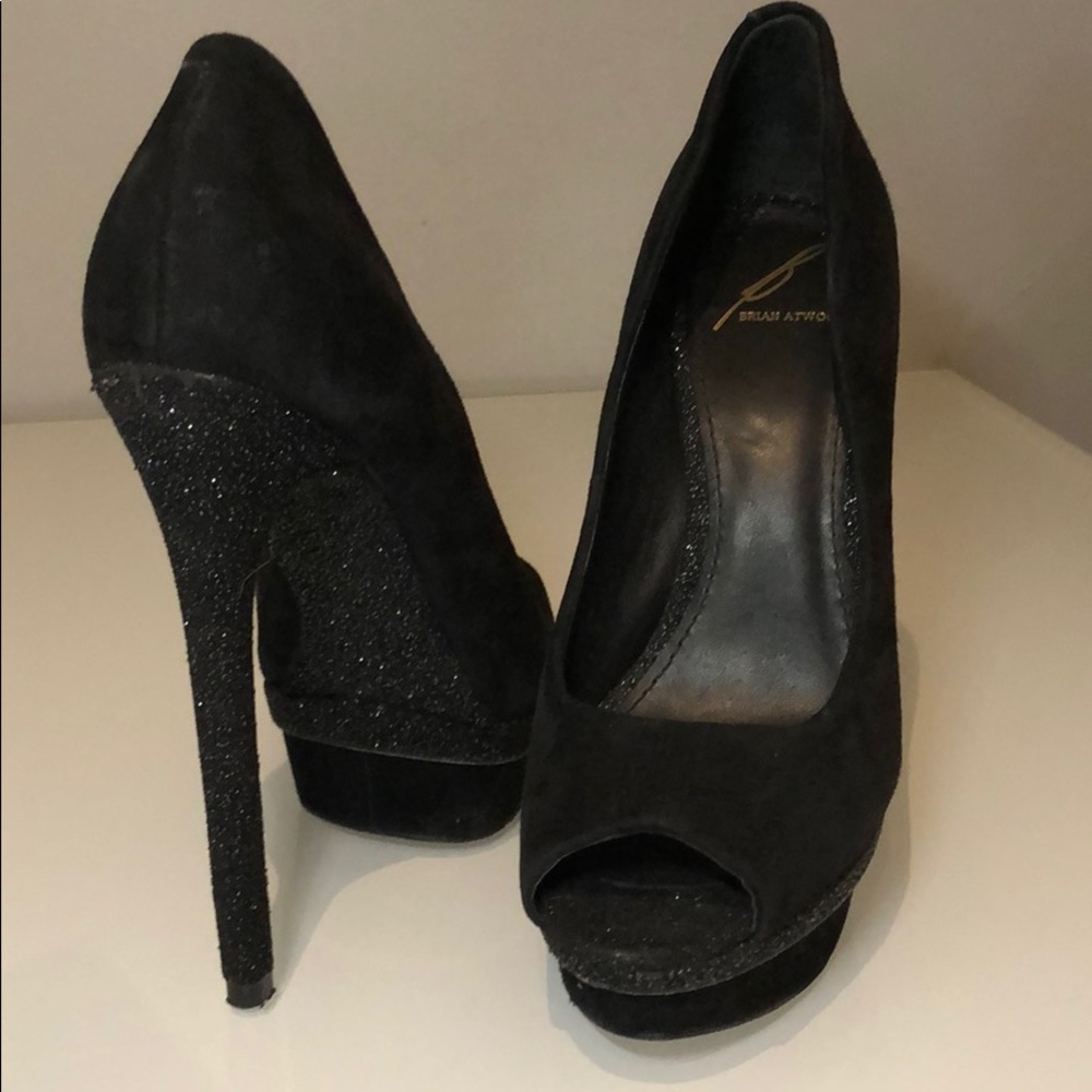 Brian Atwood Glitter suede platform pumps